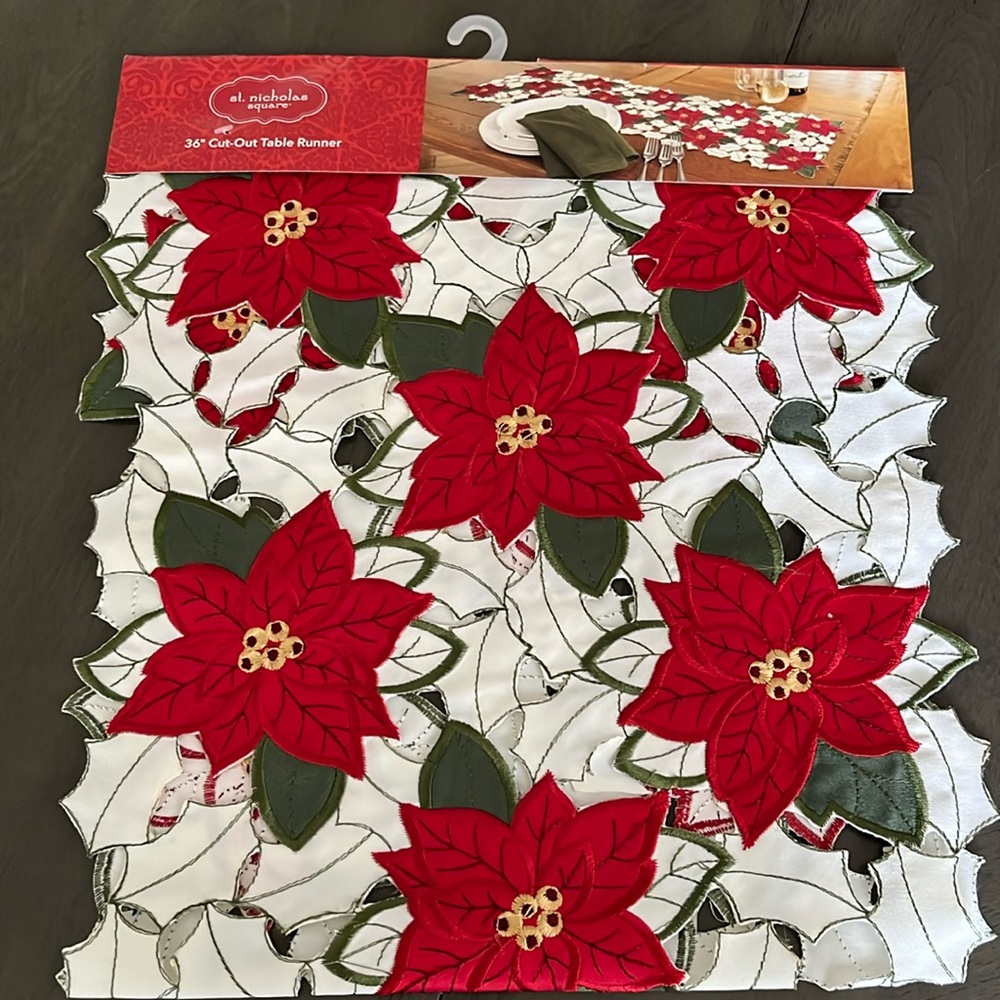 Holiday dark red poinsettia cut out table runner.